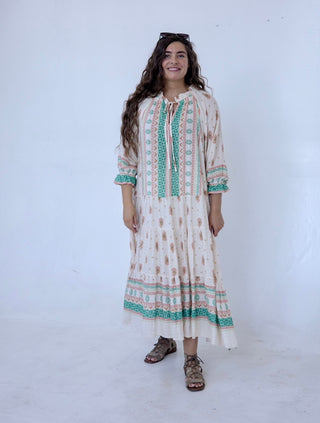 Beige and Teal Paisley Midi Dress
