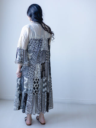 Boho Black and Cream Lace Patchwork Midi Dress