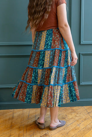 Teal and Brown Patchwork Midi Skirt