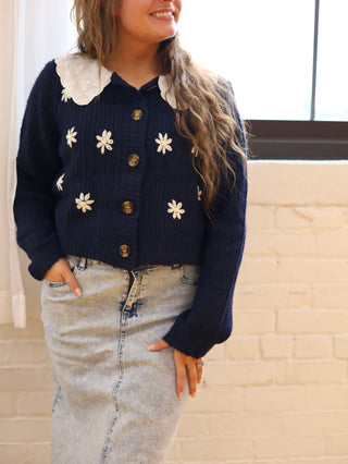 Navy Collared Sweater with Embroidered Flower Detail