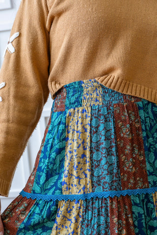 Teal and Brown Patchwork Midi Skirt