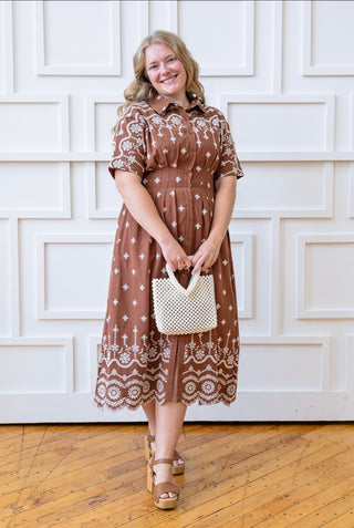 Mocha Embroidered Pleated Midi Dress