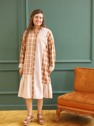 Brown Plaid Patchwork Midi Dress