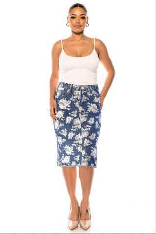Rose Print Denim Midi Skirt