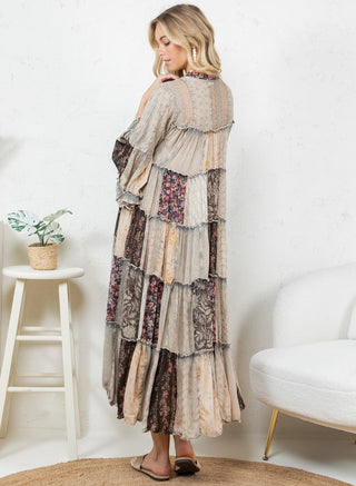 Boho Latte and floral Lace Patchwork Midi Dress