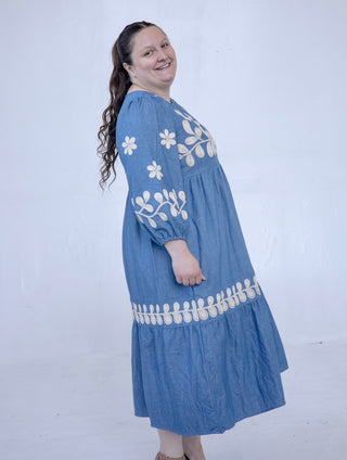 Denim Embroidered Flower Midi Dress