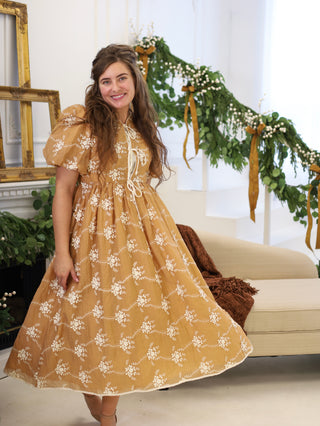 Cinnamon Embroidered Bow Midi Dress