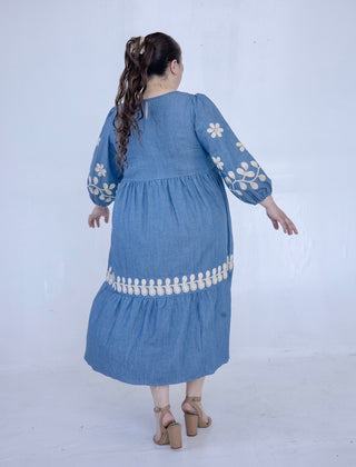 Denim Embroidered Flower Midi Dress
