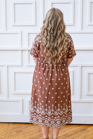 Mocha Embroidered Pleated Midi Dress
