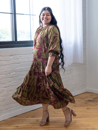 Burgundy and Olive Satin Maxi Dress