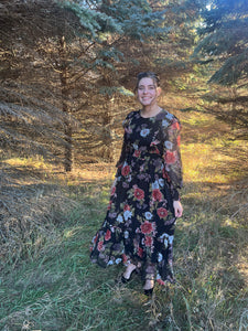 Black Floral Cut Out Chiffon Midi Dress