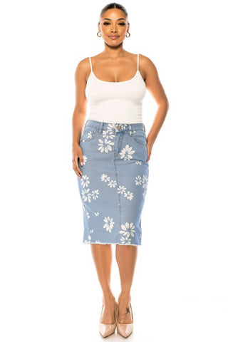 Daisy Print Denim Midi Skirt