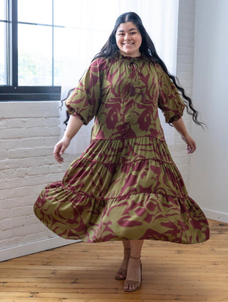 Burgundy and Olive Satin Maxi Dress