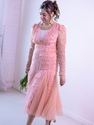 Pretty in Pink Vintage Lace Appliqué and Tulle Midi Dress