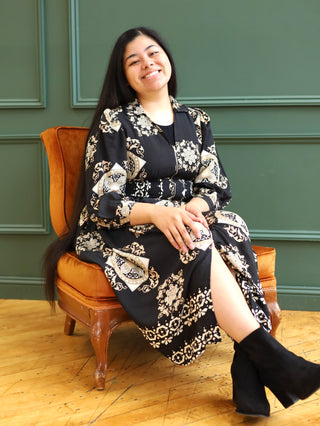 Gold and Black Tile Print Dress with Zipper Detail