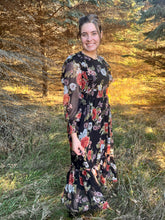Load image into Gallery viewer, Black Floral Cut Out Chiffon Midi Dress
