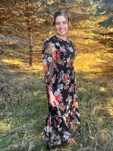 Black Floral Cut Out Chiffon Midi Dress