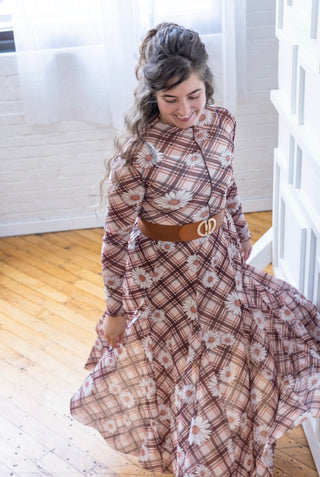 Flowering Daisey's Pink and Brown Plaid Maxi Skirt