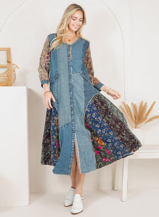 Boho Patchwork Denim Shirt Dress