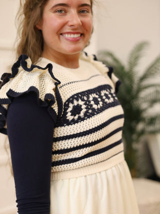 Berry Picking Navy and Cream Crochet Midi Dress