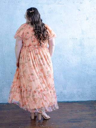Peach Floral Tulle Maxi Dress