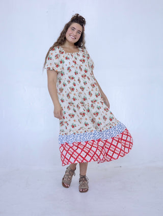 Rose Floral Colorblock Midi Dress
