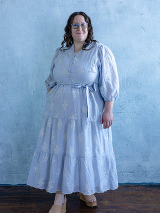 Light Blue Pinstripe Embroidered Maxi Dress