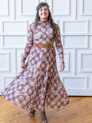 Flowering Daisey's Pink and Brown Plaid Maxi Skirt