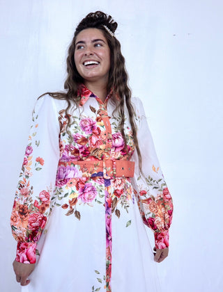 Floral and White Collar Dress with Belt