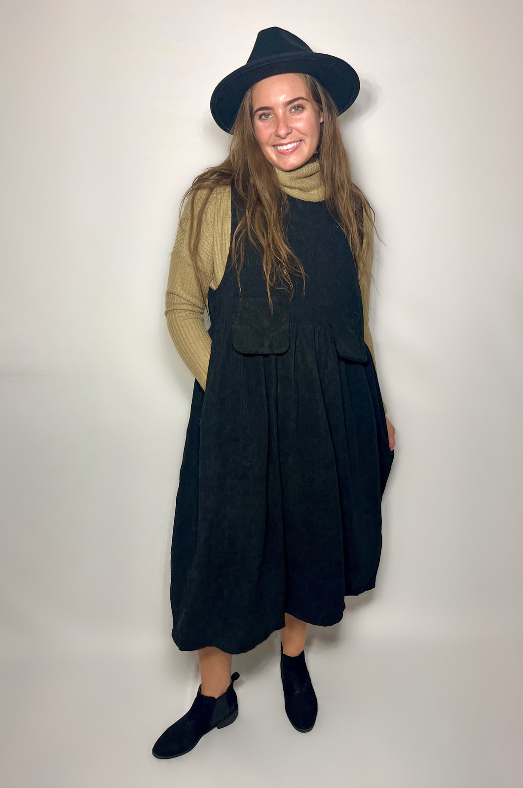 Black Corduroy Jumper Dress with Pockets