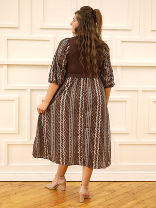 The Charming Brown Floral Striped Sweater Dress