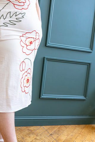 Beige Floral Embroidered Midi Dress