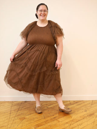 Dark Brown Swiss Dot Tulle Midi Dress