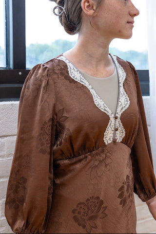 Fall is Here Brown Satin Floral Dress with Lace Trim