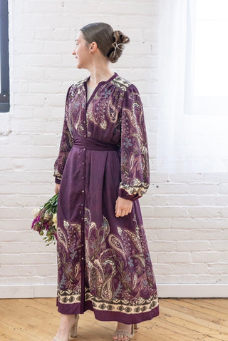 Paisley Plum Midi Dress with Belt