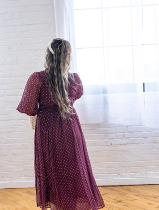 Wine Collared Polka Dot Midi Dress