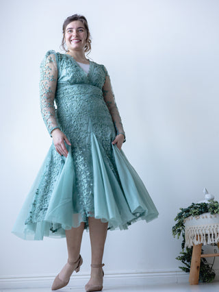 Sage Vintage Lace Appliqué and Tulle Midi Dress