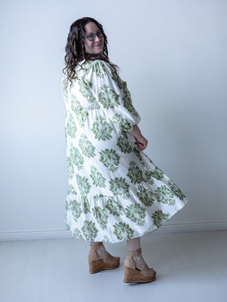 Olive Green Palm Leaf Print Dress