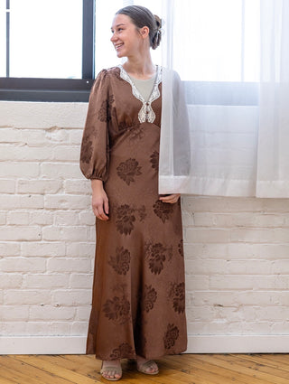 Fall is Here Brown Satin Floral Dress with Lace Trim