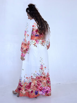 Floral and White Collar Dress with Belt