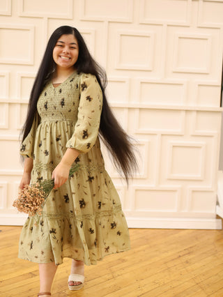 Olive Leaf Print Smocked Midi Dress