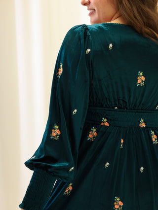 Emerald Velvet Floral Midi Dress