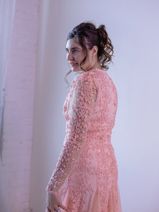 Pretty in Pink Vintage Lace Appliqué and Tulle Midi Dress