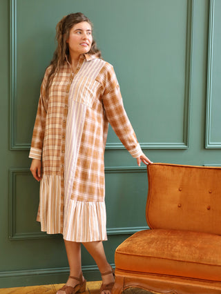 Brown Plaid Patchwork Midi Dress