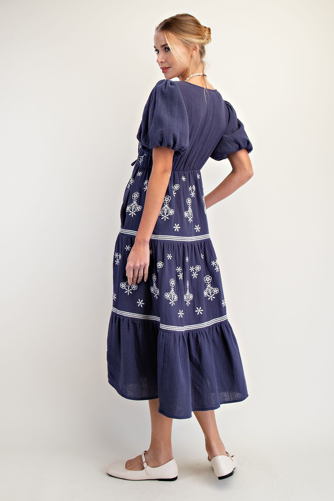 Navy and White Embroidered Midi Dress Wild & Free Boutiques Navy and White Embroidered Midi Dress Wild & Free Boutiques
