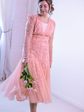 Pretty in Pink Vintage Lace Appliqué and Tulle Midi Dress