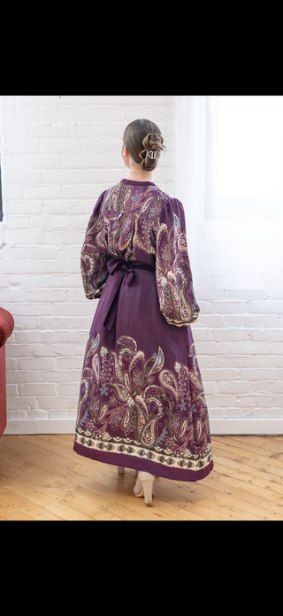 Paisley Plum Midi Dress with Belt