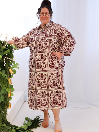 Burgundy and Cream Floral Midi Dress