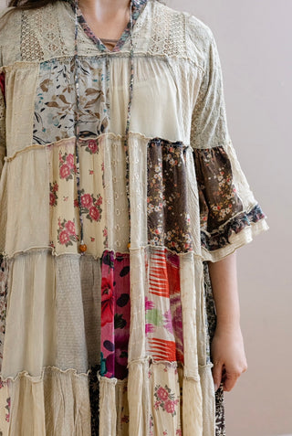Boho Latte and floral Lace Patchwork Midi Dress