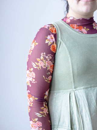 Burgundy Floral Print Mesh Layering Top